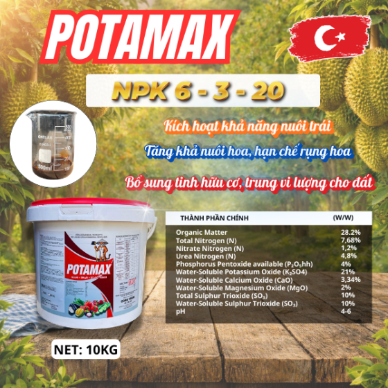  POTAMAX  10KG– NPK 6-3-20 | BÍ QUYẾT NUÔI TRÁI LỚN NHANH – GIỮ BÔNG, CHẮC TRÁI, TĂNG GIÁ TRỊ NÔNG SẢN